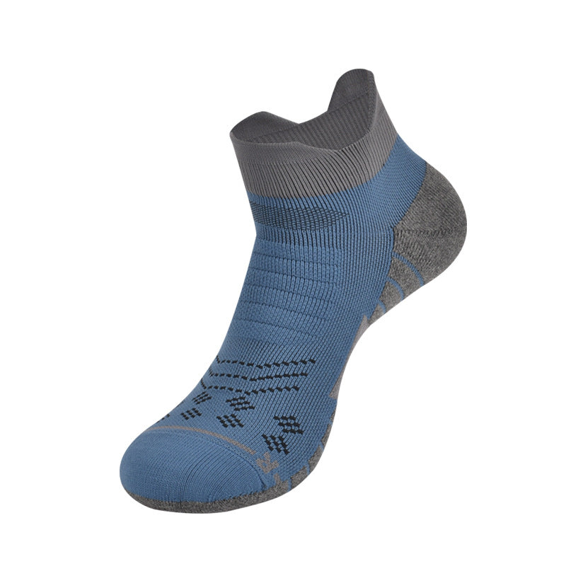 Performance athletic ankle sock in blue and gray colorway