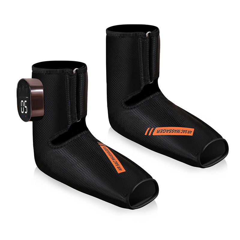 Air compression foot and leg massager boots with digital control panel, black neoprene design
